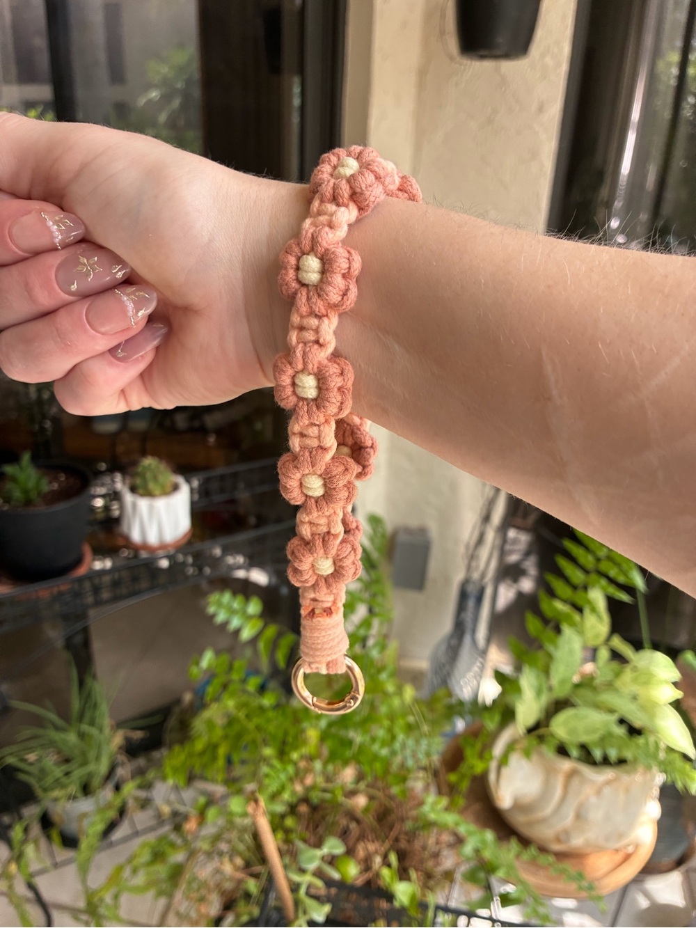Peach Floral Macrame Key & Card Holder with Gold Ring Handmade